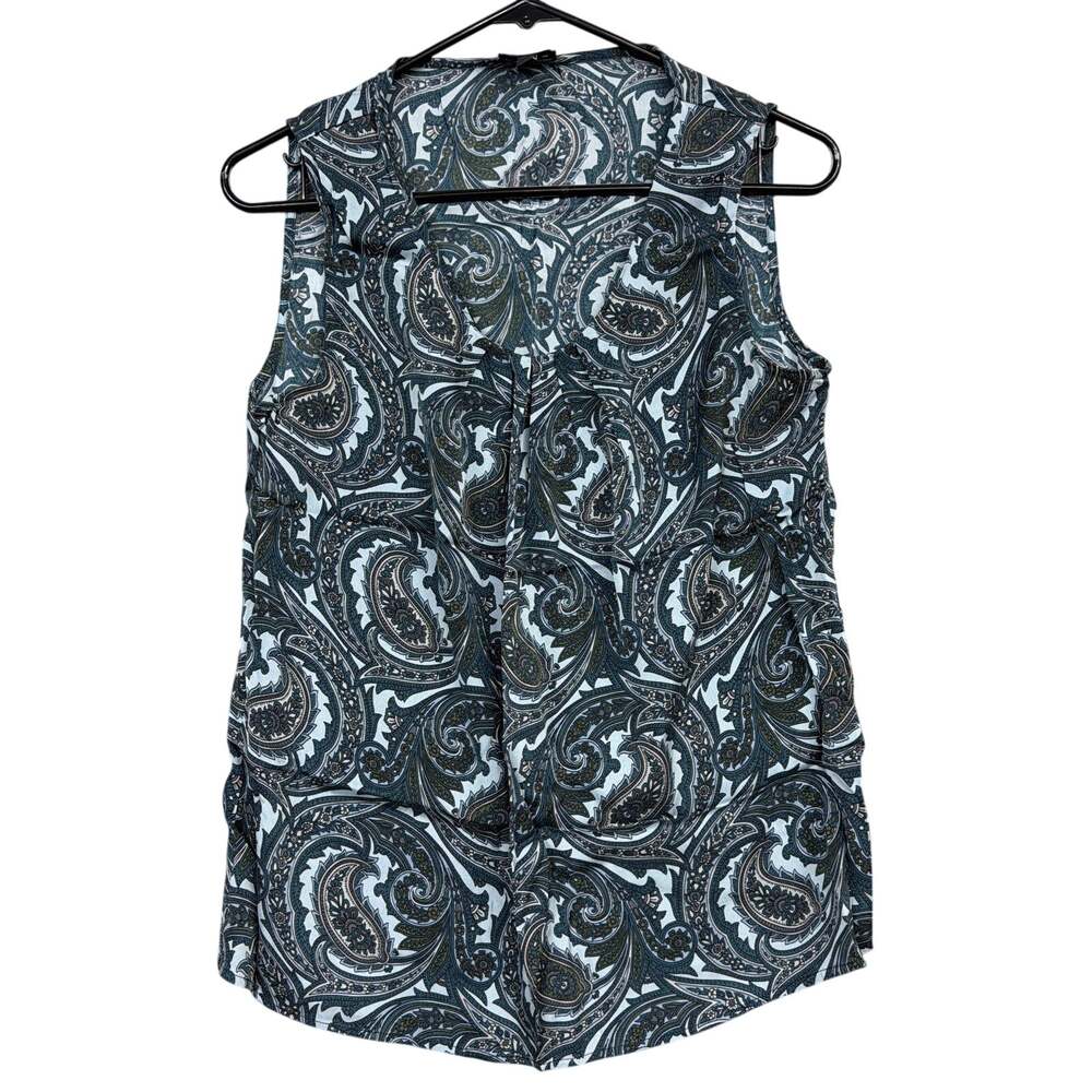Talbots Womens Blouse Teal Blue Paisley Sleeveless Sheer Pleated Round Neck 6